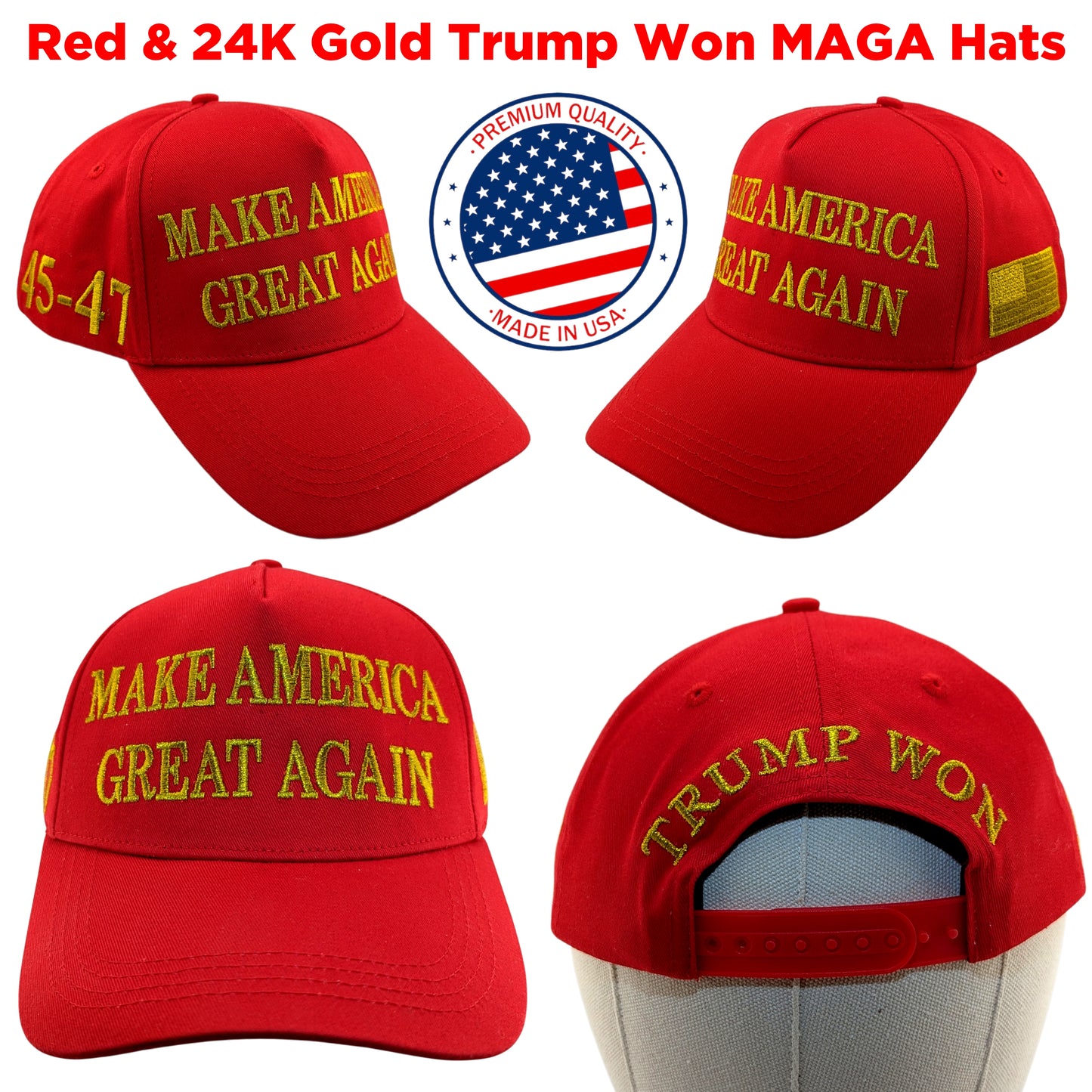 Official Trump Won 45-47 MAGA Hat Red and 24K Gold